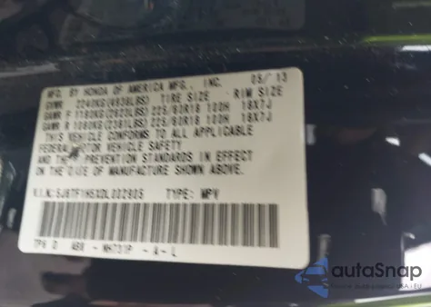 2013 Honda Crosstour Ex-L V6 из США, поврежденный, VIN 5J6TF1H5XDL002905